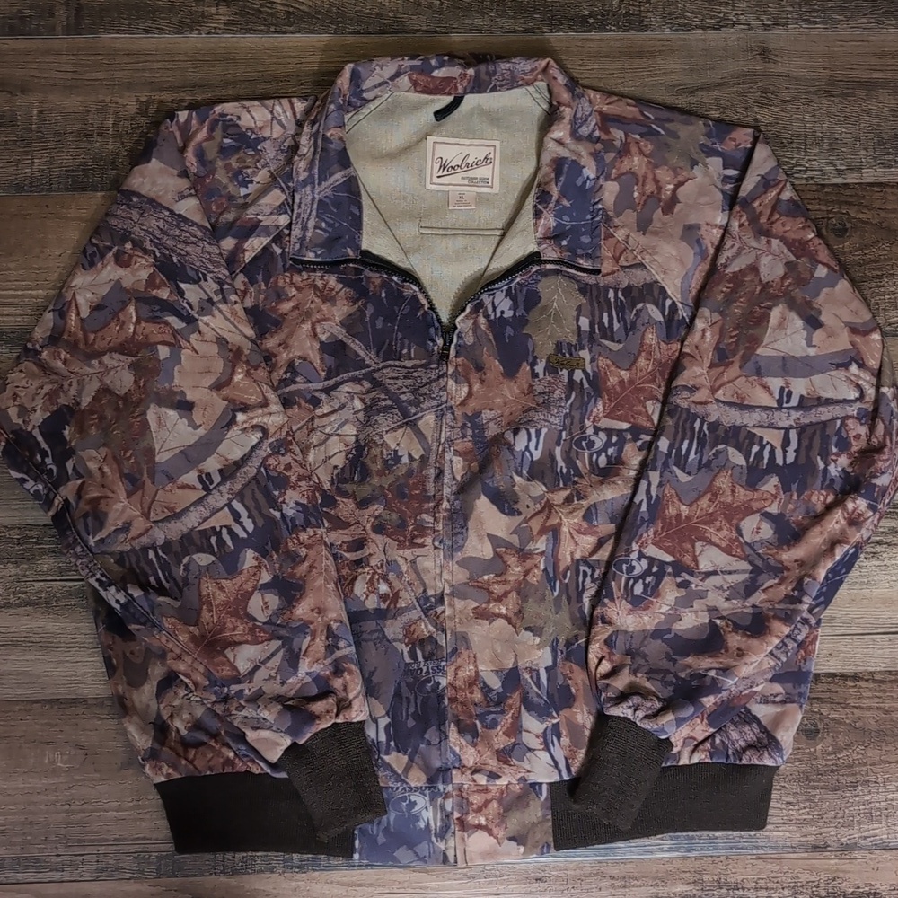 VTG Woolrich Mossy Oak Lightweight Fall Camo Bomber Jacket Size XL Outdoor Guide